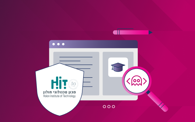 A computer screen displays an academic cap icon, with a pen, magnifying glass, and the Holon Institute of Technology logo on a pink gradient background, highlighting security in academia.