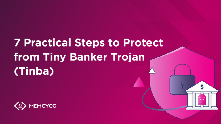A graphic with the title "7 Practical Steps to Protect from Tiny Banker Trojan (Tinba)" on a pink background, highlighting shields, a lock, alert icon, and a building with a dollar sign to illustrate Tinba protection measures.