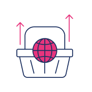 A shopping basket with a pink globe inside and two upward-pointing arrows above it, symbolizing e-commerce growth and the expanding reach of global retail.