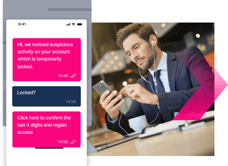 A man in a suit looks at his phone while a chat screen warns of suspicious account activity related to credit card scams and asks to confirm digits to regain access.