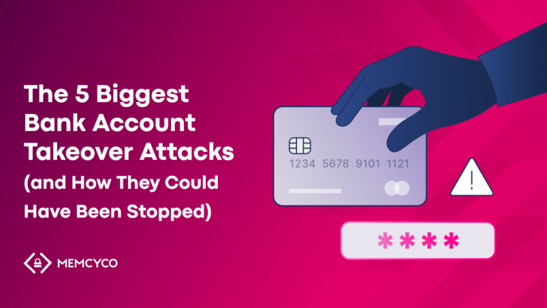 A gloved hand grabs a credit card; warning symbol and password field appear below text about the biggest bank account takeovers and prevention. MEMCYCO logo is at the bottom.