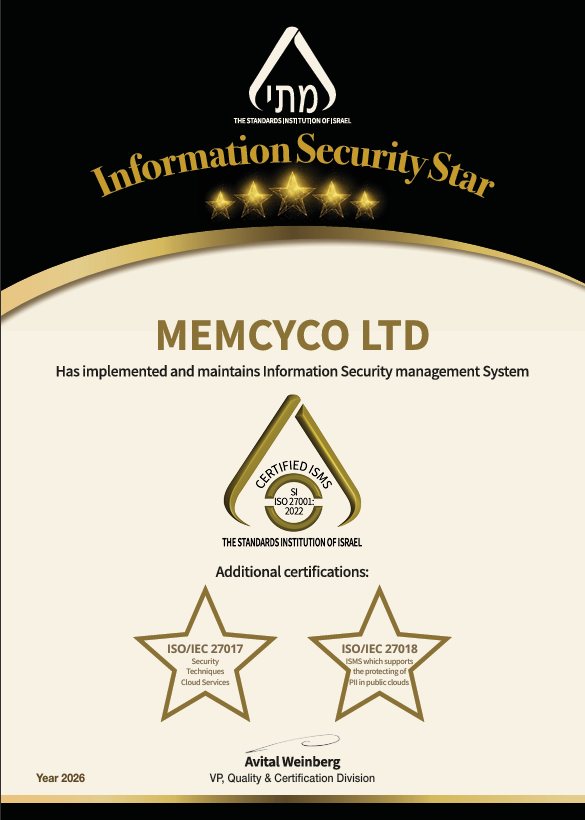 Official certificate issued by the Standards Institution of Israel to Memcyco Ltd , confirming the implementation of an Information Security Management System compliant with ISO/IEC 27001:2022 , ISO/IEC 27017 for Cloud Services , and ISO/IEC 27018 for protecting PII in public clouds for the year 2026.